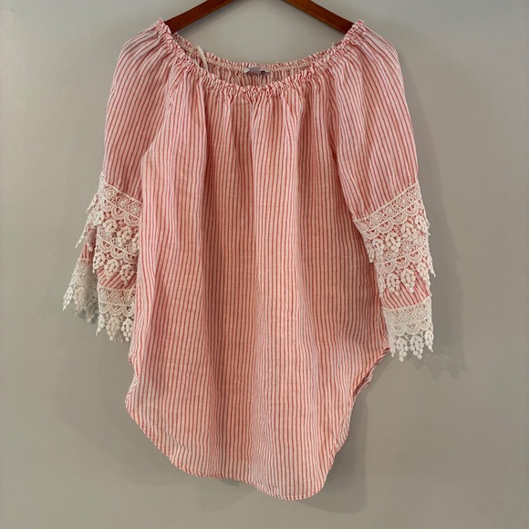 Saks Fifth Avenue Tops - Saks Fifth Ave Top S Stripe Linen Off Shoulder Lace Boho Romantic Italy Cottage